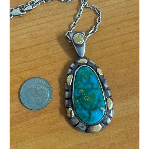 18k Gold & Sterling Silver Necklace Pendant Huge High Grade Kingman Turquoise - Picture 9 of 9